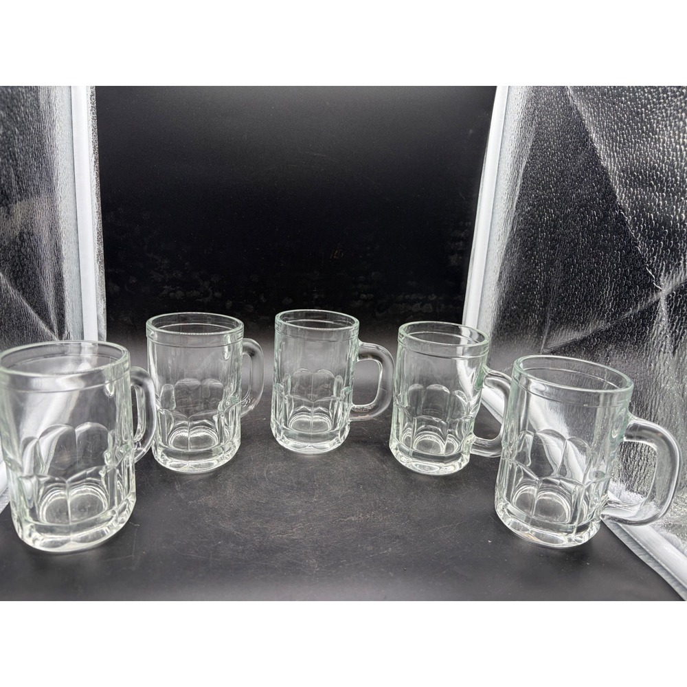 Vintage Clear Glass‎ Beer Mugs Set of 5 Paneled Base Heavy Duty Steins 4.5 Inch
